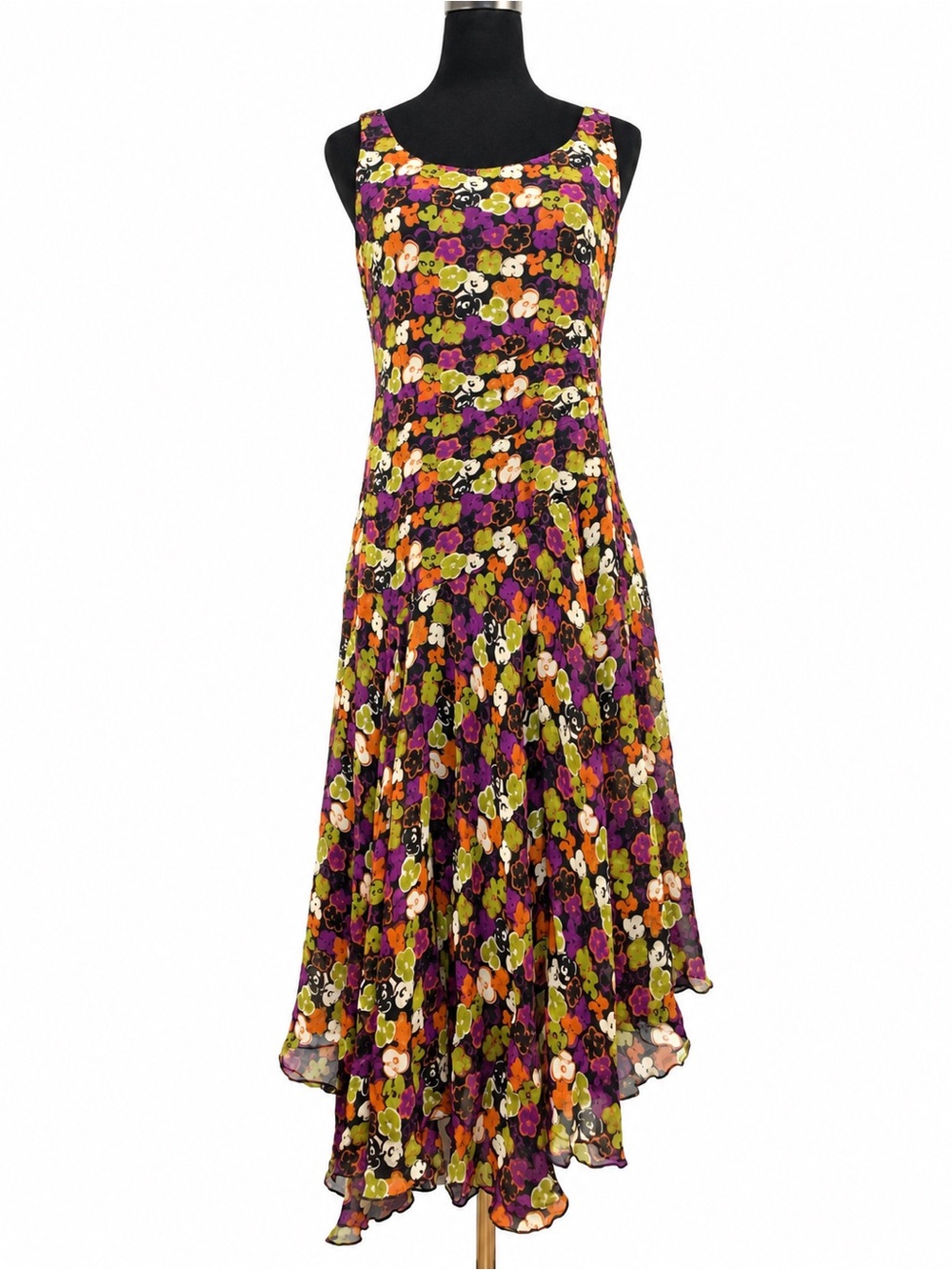 Jones New York 100% Silk Chiffon Drop Waist Floral Asymmetrical Midi Dress Sz 10